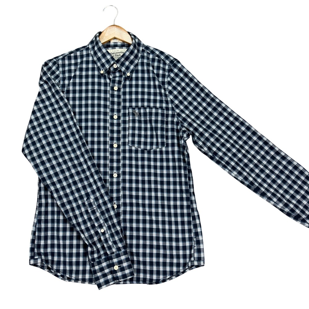 Abercrombie & Fitch Button Down Shirt Mens Medium Navy Plaid Long Sleeve Twill